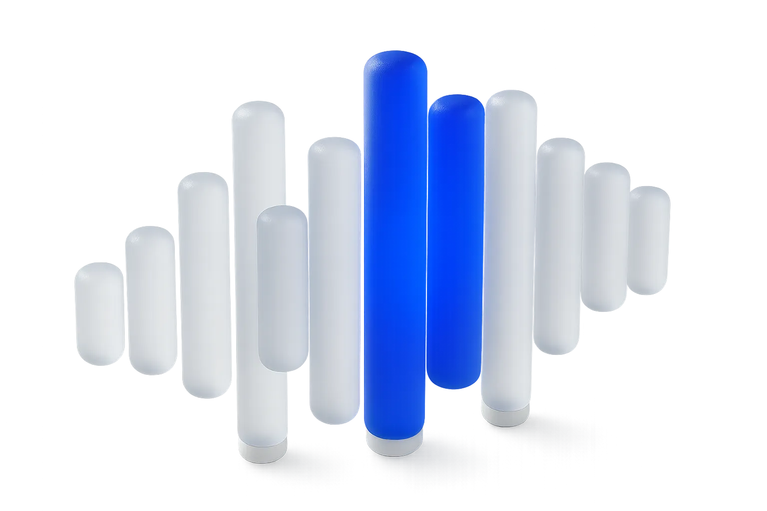 Skulpturale Wellenform aus Glasstäben, die mittleren leuchten blau